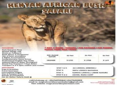 7 DAYS 6 NIGHTS AFRICAN BUSH SAFARI (MAASAI MARA, AMBOSELI, LAKE NAKURU AND LAKE NAIVASHA